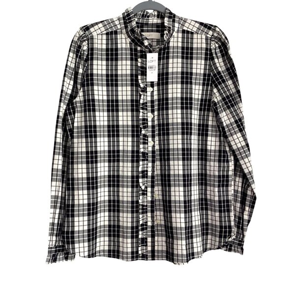 NWT LOFT Plaid Preppy Button Shirt Womens M Black White Casual Retro 90s Y2K - Picture 1 of 8